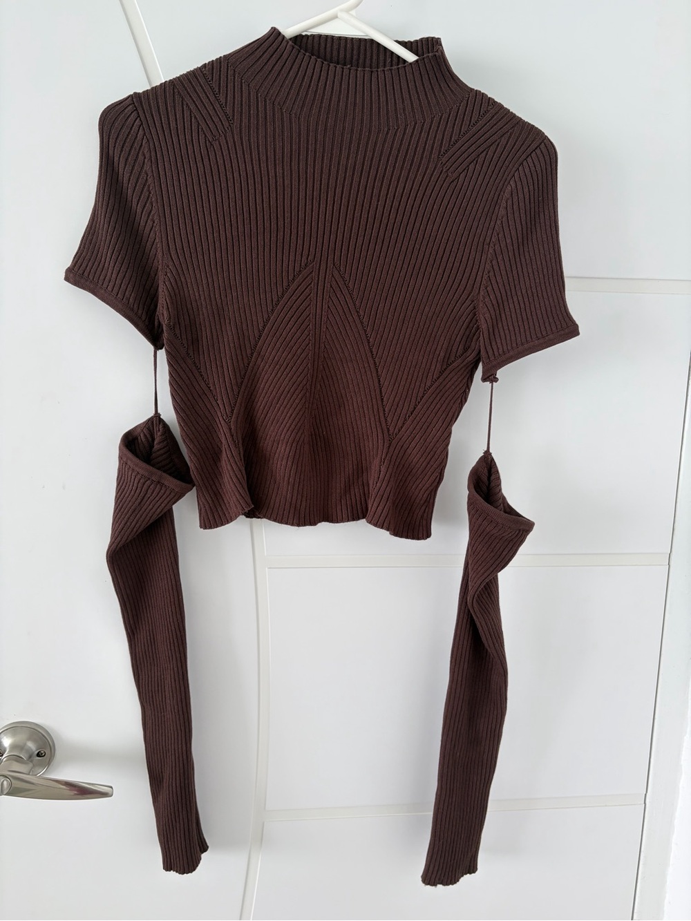Brown Ribbed Short-Sleeve Crop Top with Detachable Sleeves thumb hole